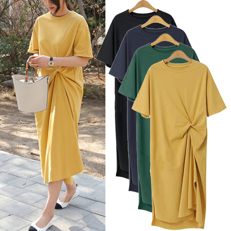 Dress Women's Mid-length ins Cotton Loose Casual Split Short-sleeve T-shirt Dress Large Size Over-the-knee Lazy Style Long Dress