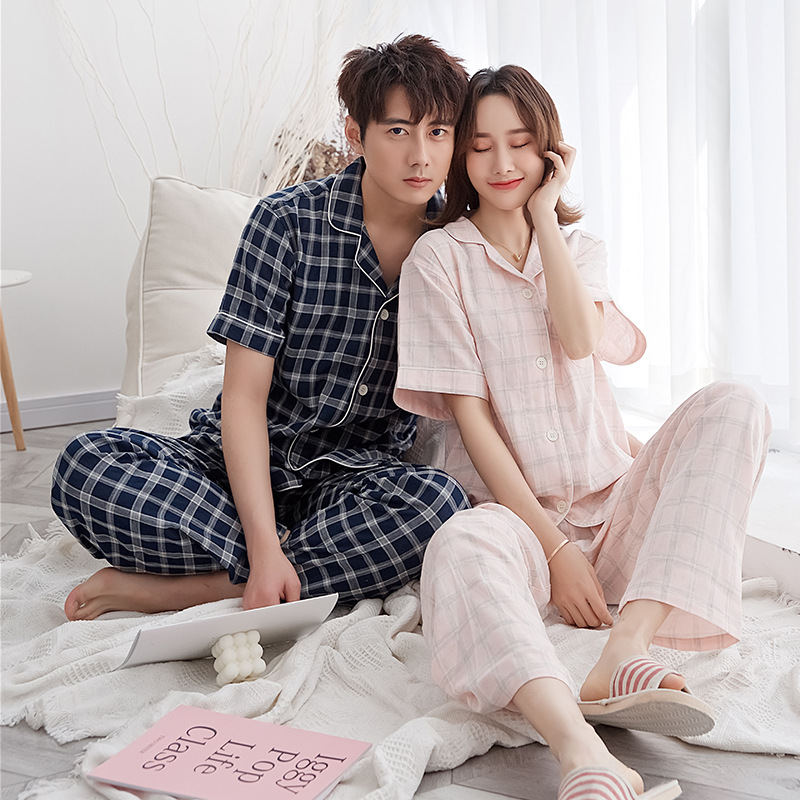 좋은 순면 더블 레이어 원사 잠옷 세트 커플 홈 의류 무지 일본 여름 반팔 공장 직판