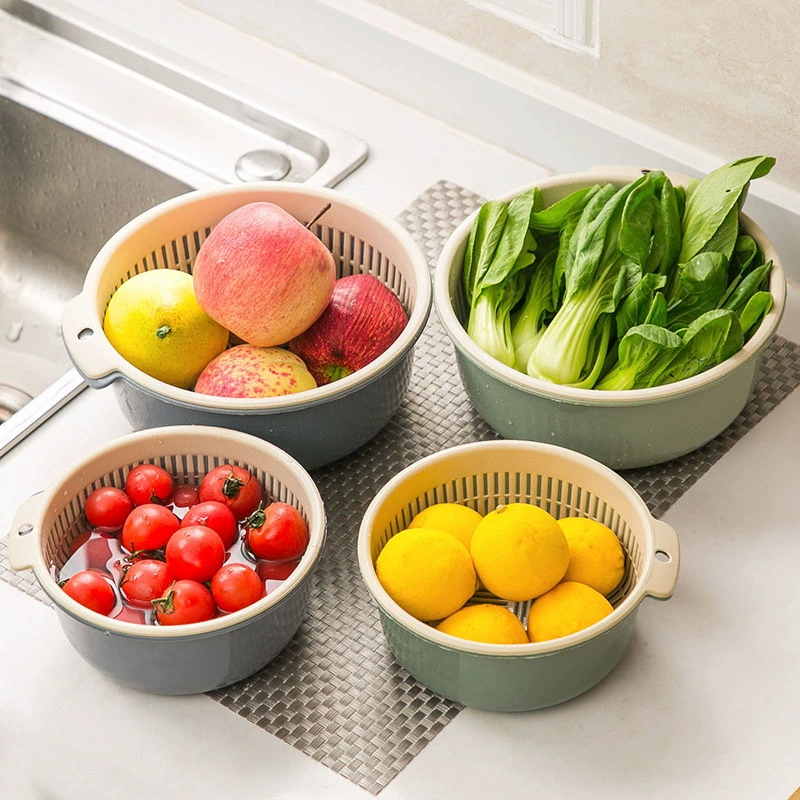 Double-Layer Plastic Draining Basket, Thickened Round Storage Bowl, Multi-Size Kitchen Rack