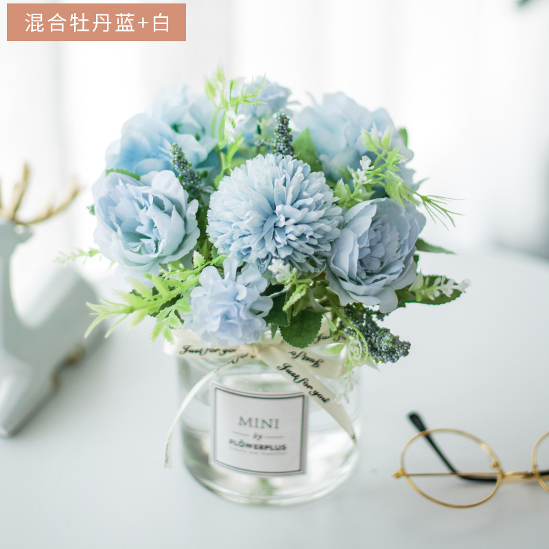 Traje de flor artificial florero de vidrio Rosa artificial planta olla decoración del hogar falso maceta