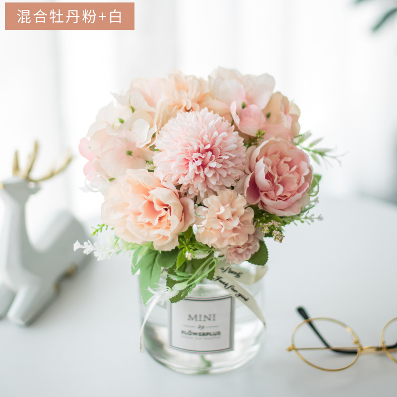 Traje de flor artificial florero de vidrio Rosa artificial planta olla decoración del hogar falso maceta