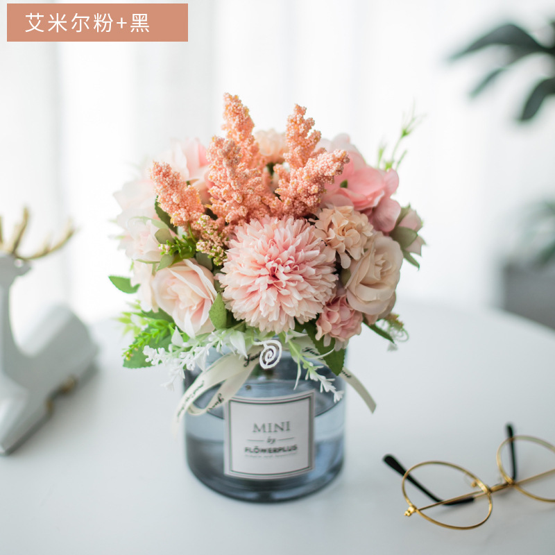 Traje de flor artificial florero de vidrio Rosa artificial planta olla decoración del hogar falso maceta