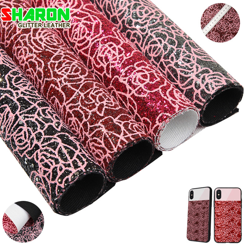 SR18026斜纹底玫瑰烫金厚片格利特箱包鞋材儿童发饰亮片装饰面料