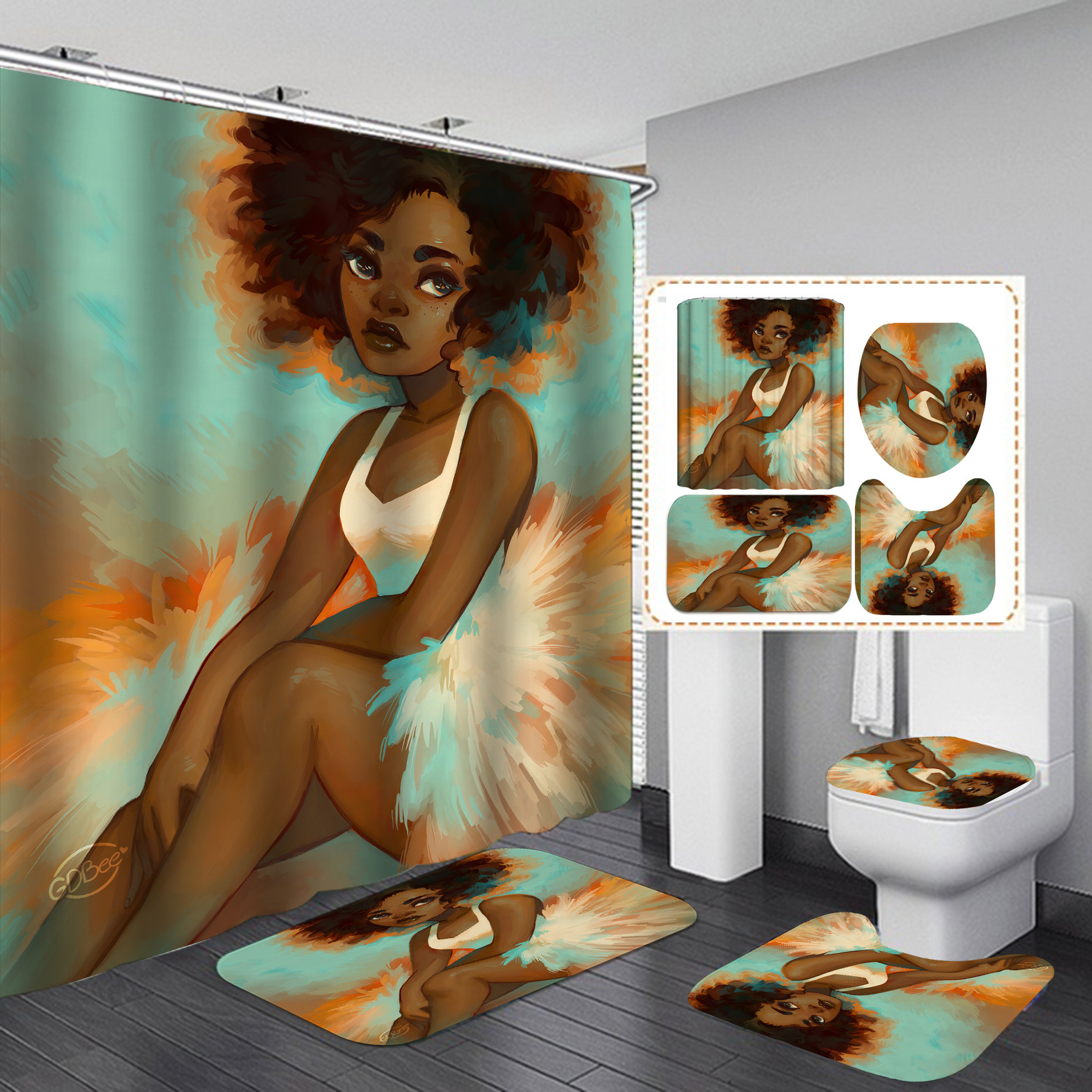 Nuevo suministro directo transfronterizo 3D Impresión digital impermeable baño Mujer Africana ducha cortina fábrica suministro directo Cortina de ducha al por mayor