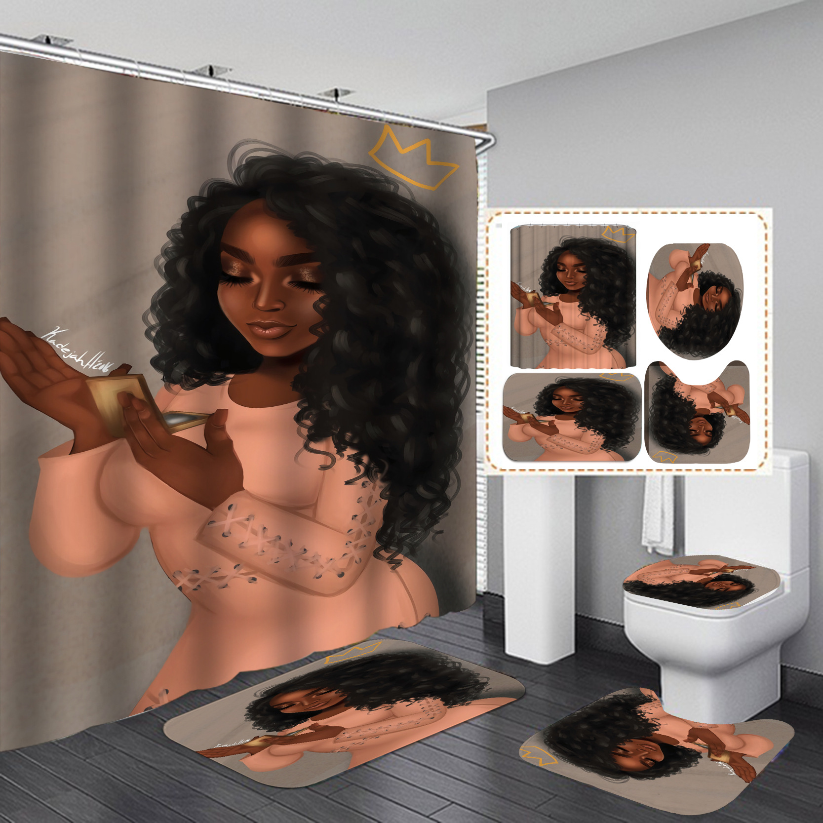 Nuevo suministro directo transfronterizo 3D Impresión digital impermeable baño Mujer Africana ducha cortina fábrica suministro directo Cortina de ducha al por mayor