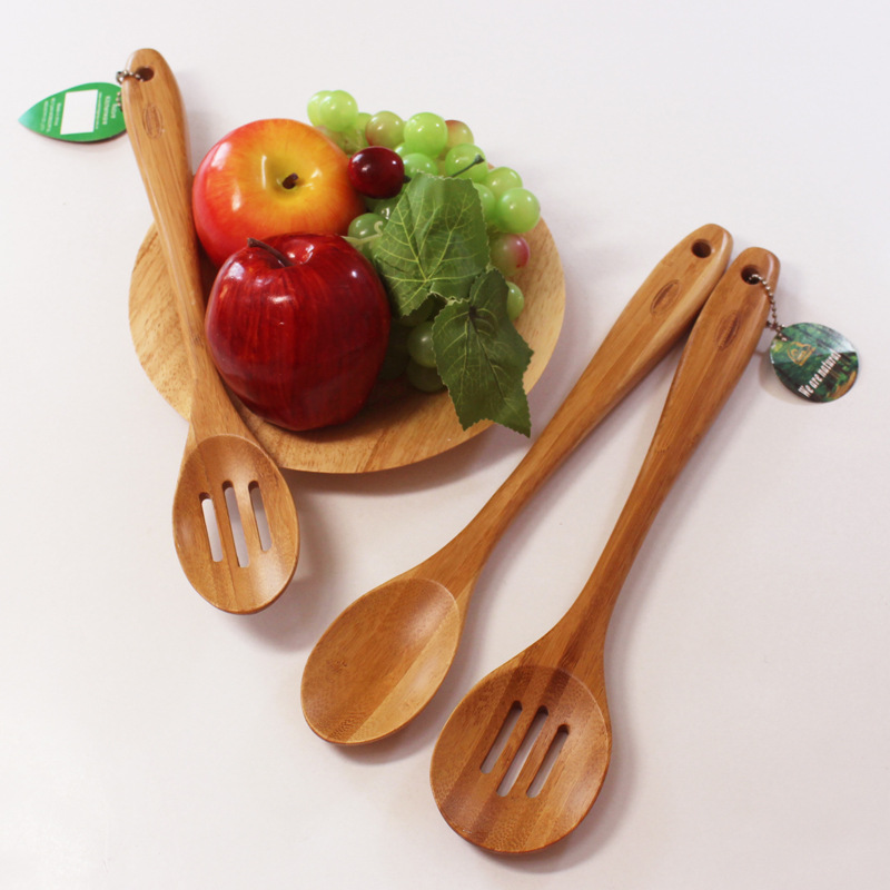 【】竹厨具三件套不粘锅汤匙组合餐具套装批发碳化竹制长柄家用