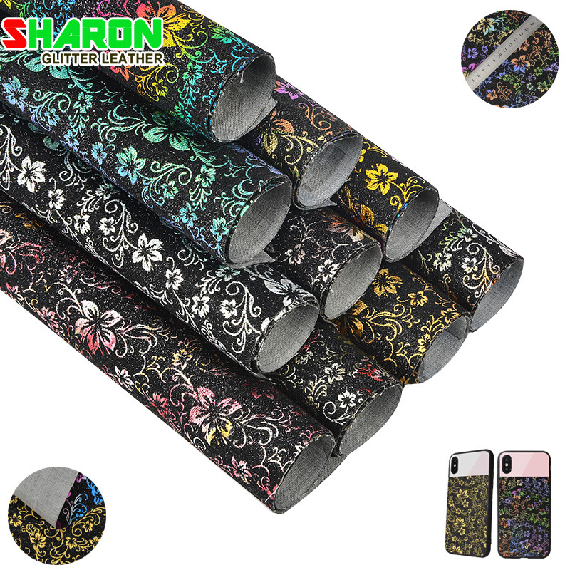 SR18033 工厂直销烫金格利特七彩花藤PU底格利特箱包鞋材特殊面料