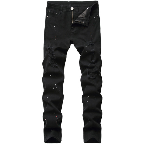 Men's Fashion Jeans, Art Specialty, Frayed, Micro-Elastic, Slim Straight Leg, Youth Style