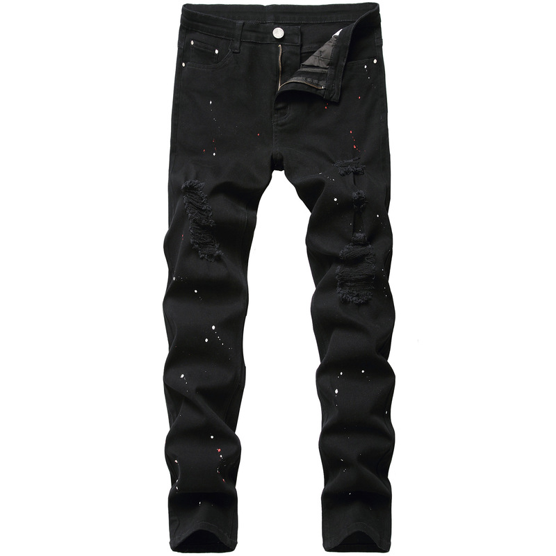 Cross-Border Exclusive Supply of Distressed Men's Jeans, Trendy Slightly Stretchy Slim Straight-Leg Versatile Slim-Fit Youth Fashion Men's Pants