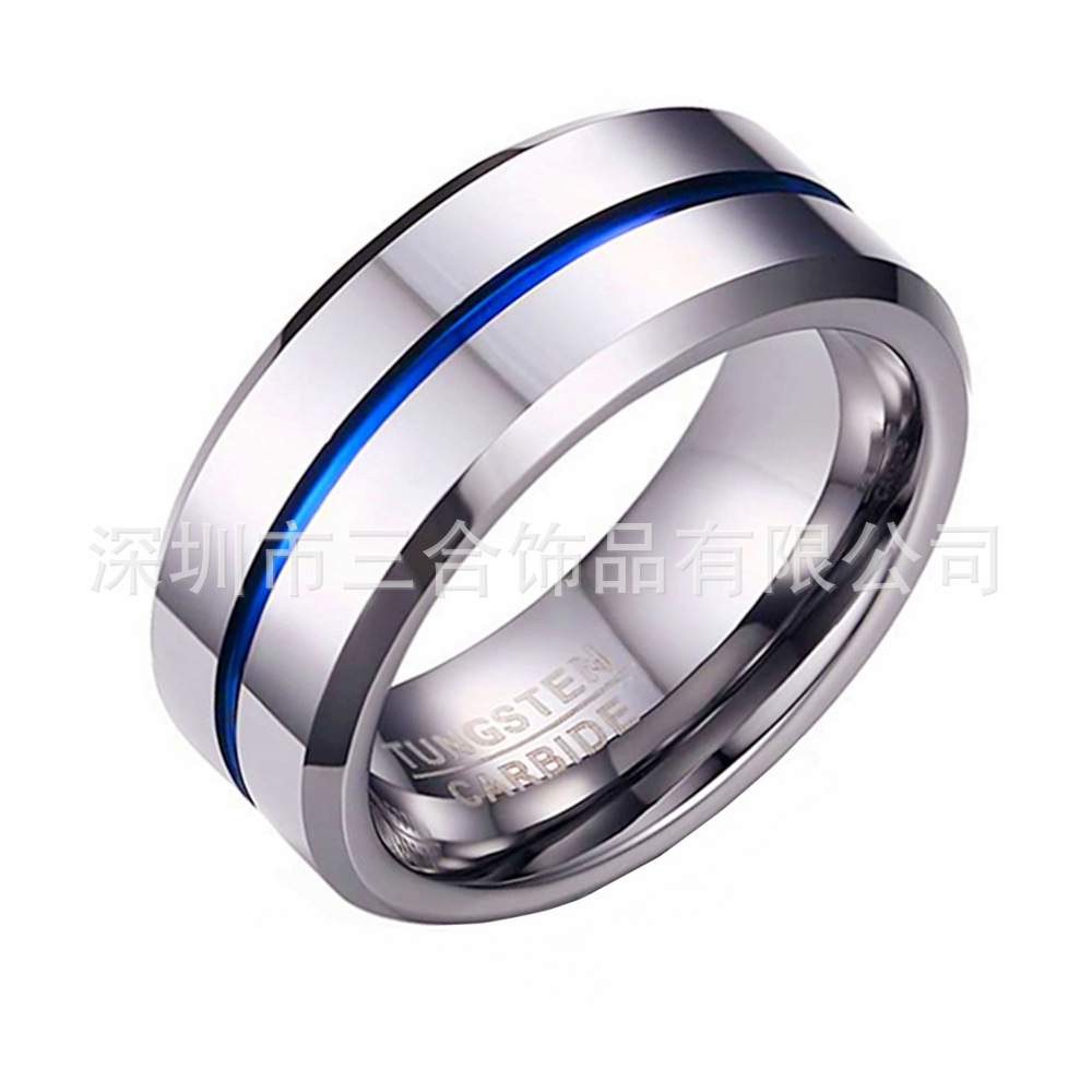 Tungsten gold men's jewelry 6/8mm wide middle slot between black smooth chamfered tungsten steel ring Europe and the United States cross-border jewelry