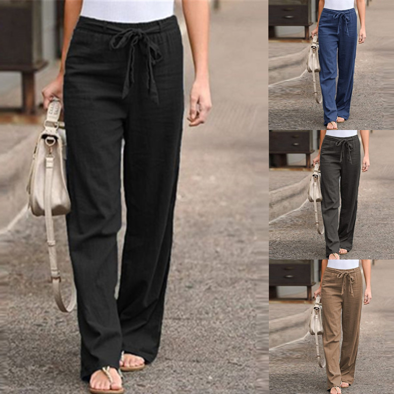 2023 Cross-Border Women's Clothing Wish Aliexpress Summer Elastic Waist Solid Color Cotton and Linen Wide-Leg Pants Loose Long Pants for Women 2023 Cross-Border Women's Clothing Wish Aliexpress Summer Elastic Waist Solid Color Cotton and Linen Wide-Leg Pants Loose Long Pants for Women