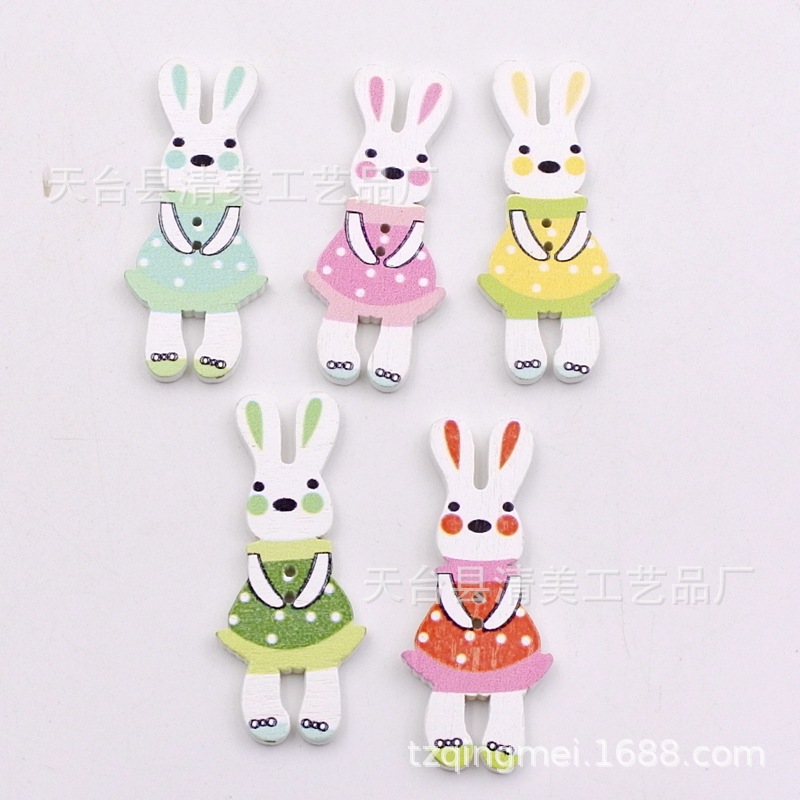 19*45mm fondo blanco impresión de 6 colores botones de conejito decoración de madera conejito lindo hecho a mano