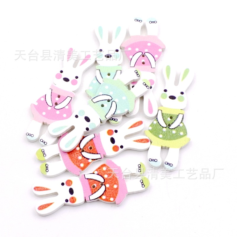 19*45mm fondo blanco impresión de 6 colores botones de conejito decoración de madera conejito lindo hecho a mano