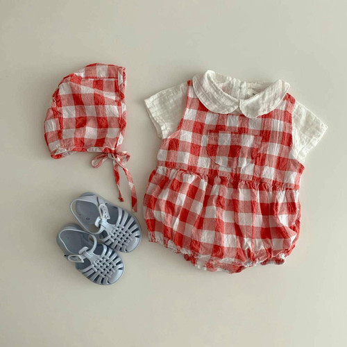 Summer baby girl plaid princess harem baby 100-day-old dress toddler crawl suit bag fart suit Korean version