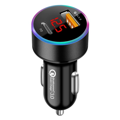 New Aluminum Alloy Digital Display PD QC3.0 car charger fast charge TYPE-C multi-function car charger (Mobil şarj cihazları) - c109pd-qc30-elegant-black-opp-bag