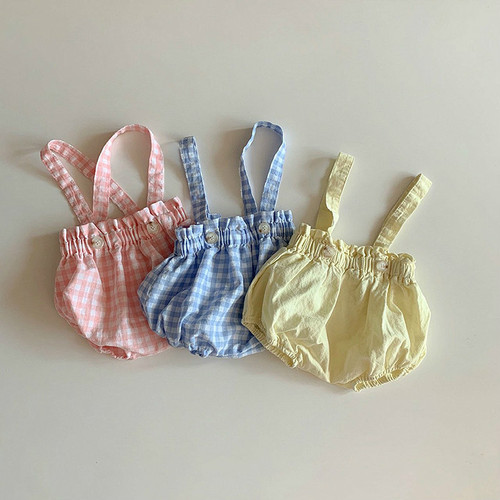 Summer fashionable and cute overalls for boys and girls, triangle harem baby casual plaid rompers, thin Korean style