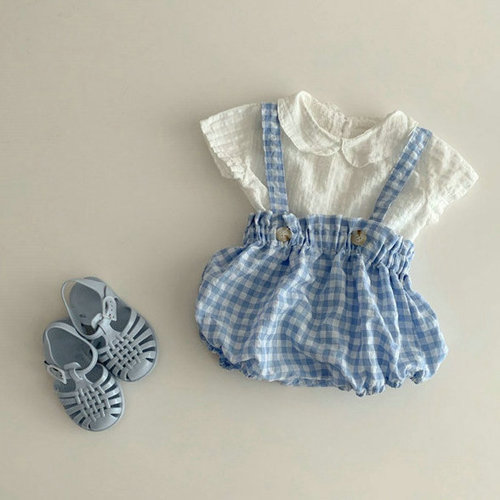 Summer fashionable and cute overalls for boys and girls, triangle harem baby casual plaid rompers, thin Korean style