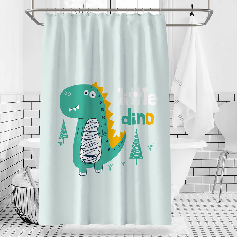Cortina de ducha impermeable con estampado digital de dibujos animados de animales lindos, con letras y estampado de dinosaurio verde para comercio electrónico al por mayor._voghion.com