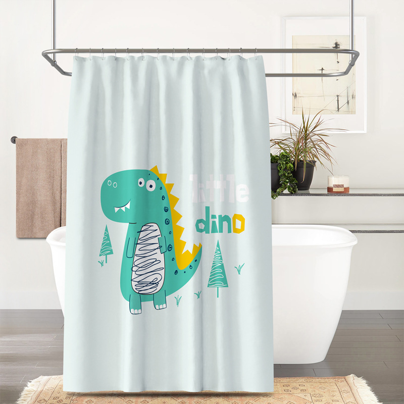 Cortina de ducha impermeable con estampado digital de dibujos animados de animales lindos, con letras y estampado de dinosaurio verde para comercio electrónico al por mayor._voghion.com