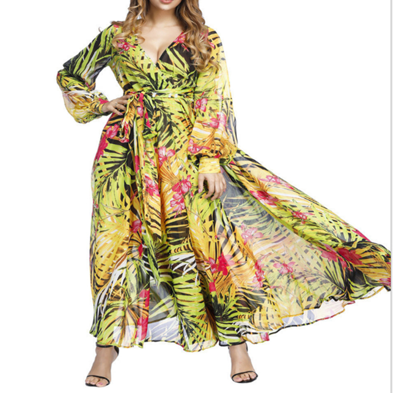 Floral Print Maxi Dress Lantern Sleeves Sexy V Neck Leaf Pattern Spring Summer Fashion Wholesale Available