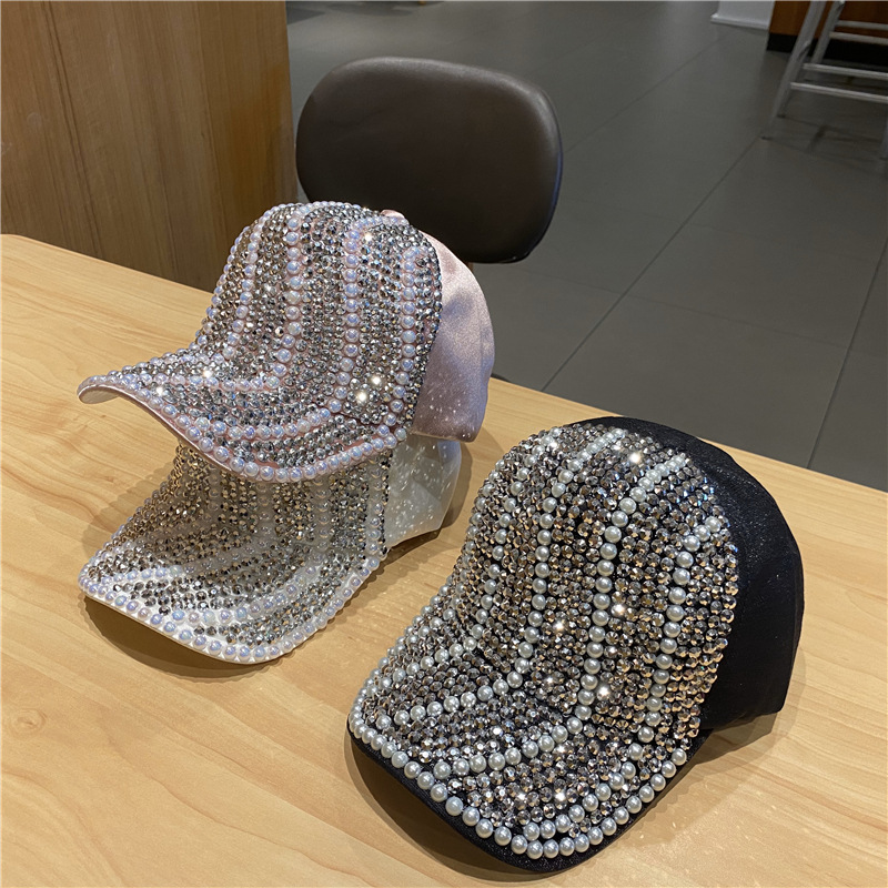 Gorra de béisbol con diamantes de imitación para mujer, estilo coreano de primavera y otoño, moda urbana, versátil, sombrero para el sol, perla de lujo ligero