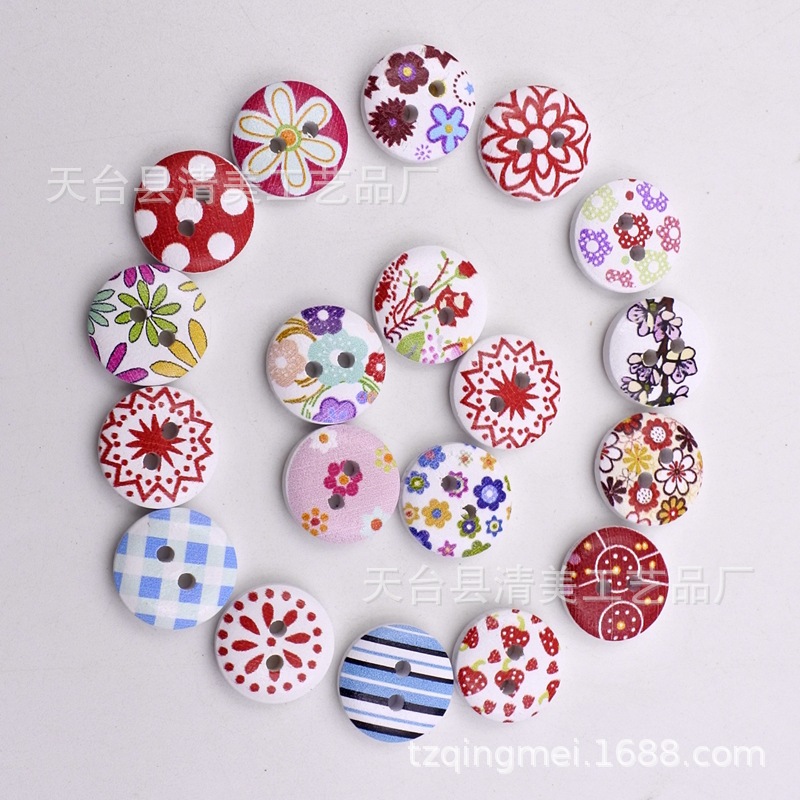 15mm fondo blanco pintado de madera botones decorativos de madera impreso flores y plantas, botones de rayas a cuadros 100 un paquete
