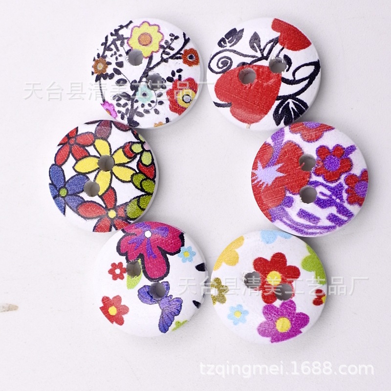 15mm fondo blanco pintado de madera botones decorativos de madera impreso flores y plantas, botones de rayas a cuadros 100 un paquete