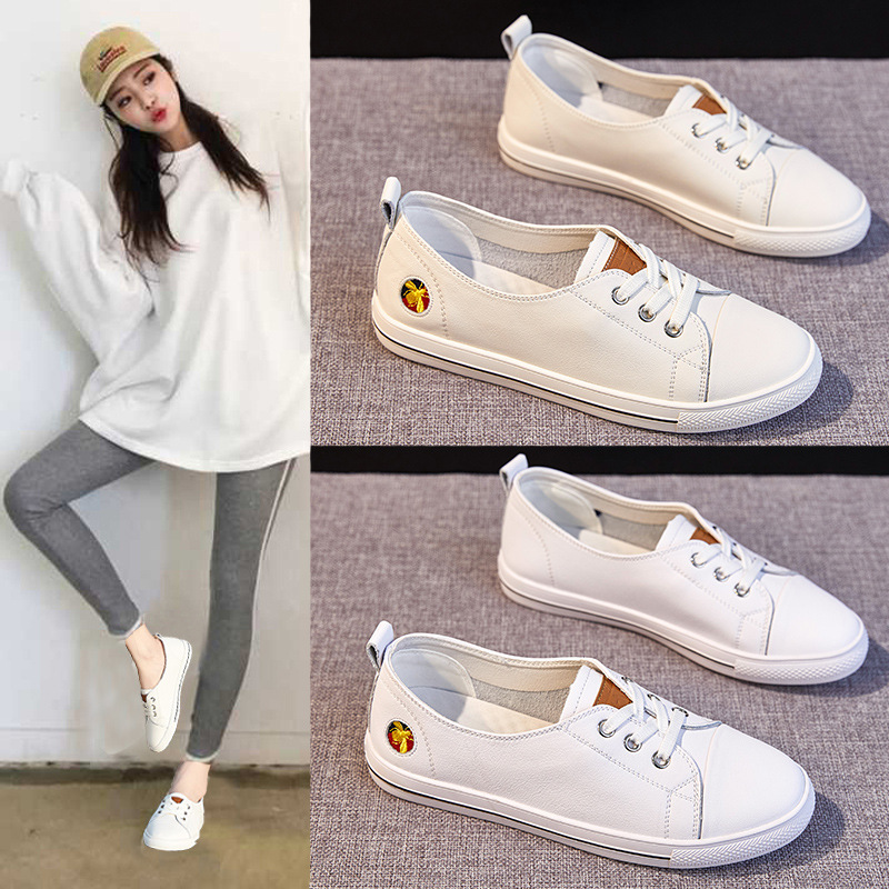 2025 Spring New Korean Style Shallow Mouth Small Flats Genuine Leather Large Size White Shoes Student Shoes Soft Sole 41 Size Women's Shoes