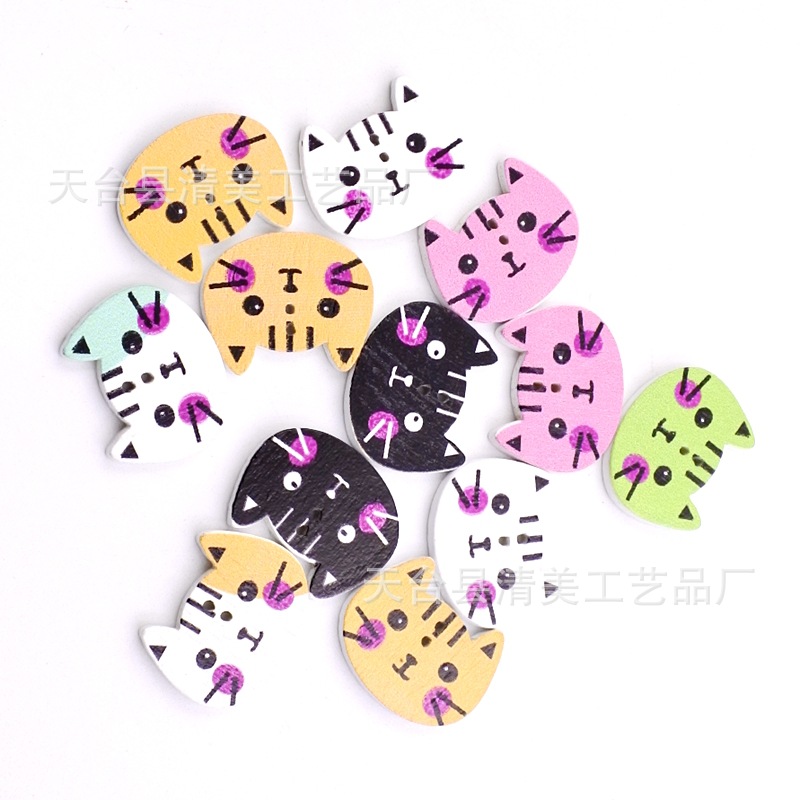 20*15mm fondo blanco lindo gatito botón de madera niños dibujos animados pintado gato cara forma rompecabezas