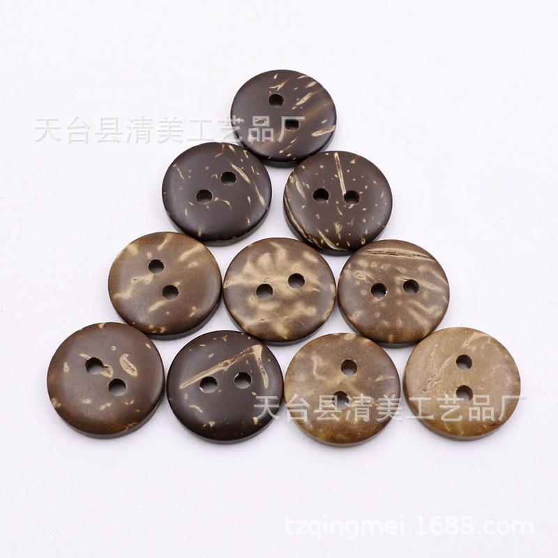 Botón redondo de dos ojos con hebilla de coco de 15mm Botón de cáscara de coco de madera 50 por paquete