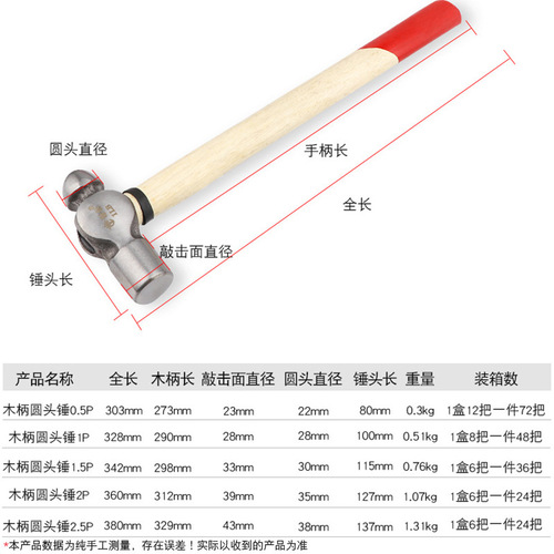 Dichuang forging and percussion tools wooden handle round-head hammer yellow steel handle rubber handle nipple hammer with complete specifications nipple round-head hammer
