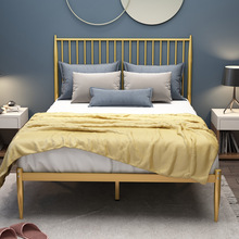 北欧靠背铁艺床时尚酒店公寓床金色铁架床家用双人铁床架双人床