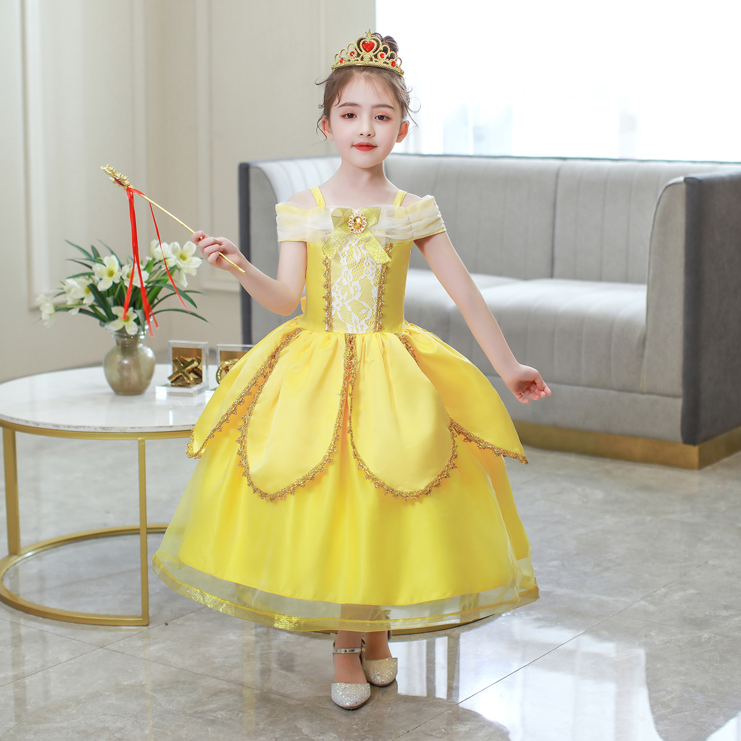 Belle princesa vestido de las niñas del Día del Niño de Halloween bola amarilla Campana de Belleza y Bestia vestido
