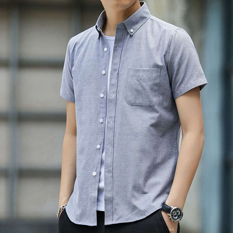 2024 Summer Men's Korean Style Slim Oxford Spun Short Sleeve Shirt New Men's Youth Casual Solid Color Shirt