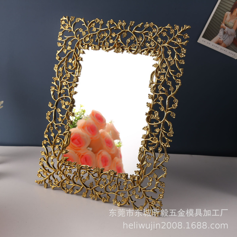 Hollow-Out Light Luxury Metal 6inch 7inch Makeup Mirror Photo Frame Stand Beauty Mirror, Princess Mirror. Simple and Stylish.