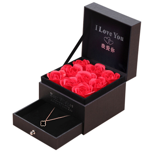 Rose Bouquet Gift Box 9 Flowers Double Drawer Lipstick Necklace Ring Earrings Valentine's Day Birthday Gift Jewelry Box