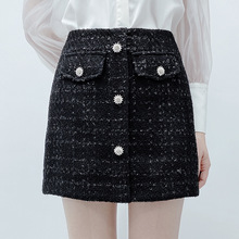 黑色高腰半身裙女2024春秋韩版复古粗花呢ins超火包臀A字短裙子