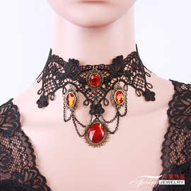 欧美同款复古项链红黑色蕾丝女锁骨颈链Necklace圣诞节饰品GY019