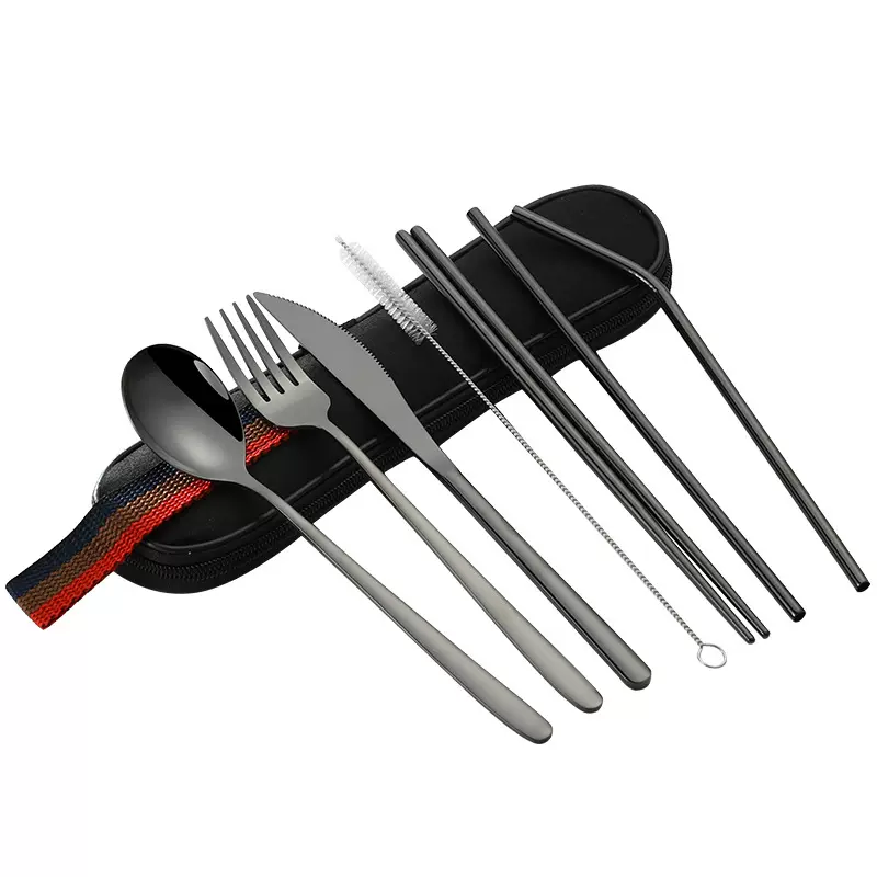 创意镀钛便携旅行餐具套装 野营不锈钢吸管筷子勺子便携餐具8件套