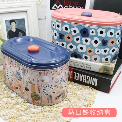 桌面收纳盒铁干果零食带盖铁盒桌面收纳盒药箱大号马口铁圆形铁罐
