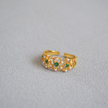 Vintage西洋古董宫廷风雕刻蕾丝祖母绿宝石镶嵌珍珠戒指食指戒女