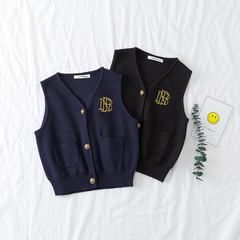 ins童毛衣 針織毛衣背心 兒童開衫無袖馬甲 刺繡字母男女童背心