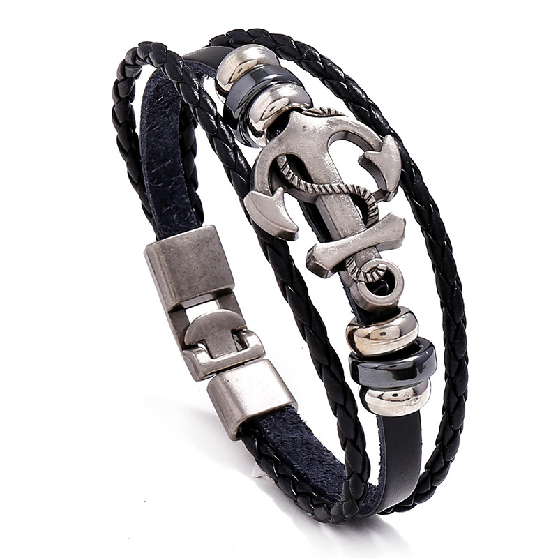 Cross-border ebay AliExpress Explosions Simple Alloy Ship Anchor Cowhide Bracelet Punk Men's Genuine Leather Bracelet