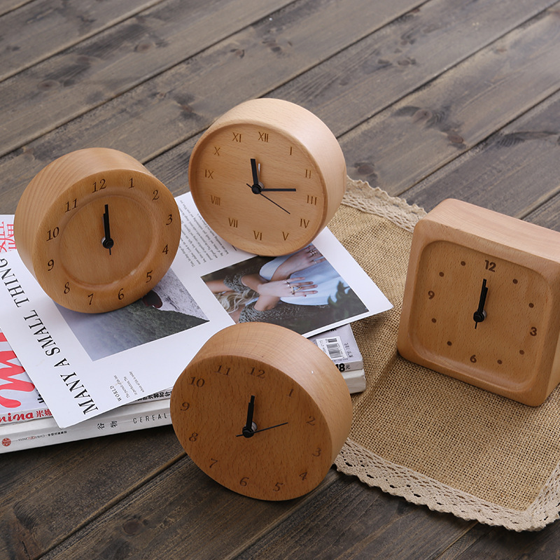 Reloj de mesa silencioso de haya, reloj de madera maciza, decoración, sala de estar, registro minimalista moderno, escritorio transfronterizo, cuadrado redondo