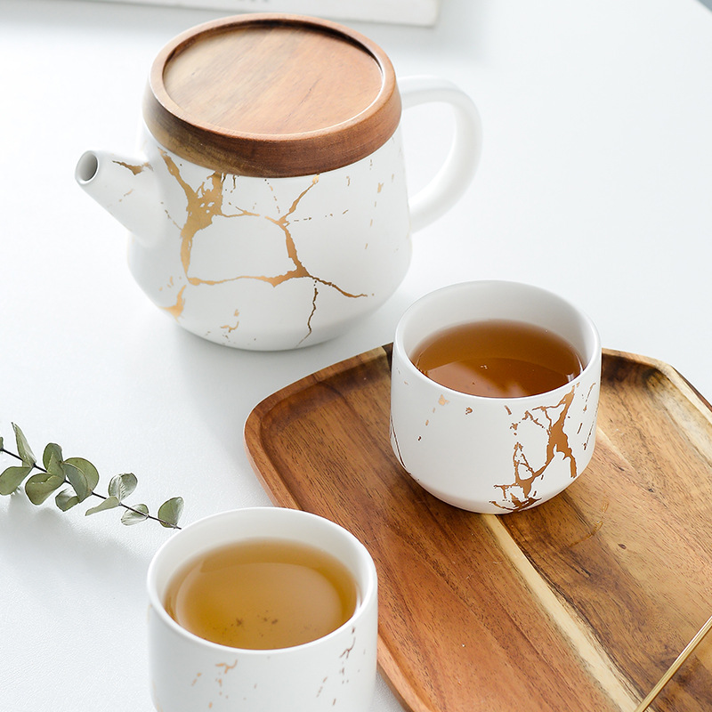 Juego de té de flor de mármol de oro Juego de té nórdico con bandeja de madera traje de lujo ligero juego de té de la tarde caja de regalo embalaje