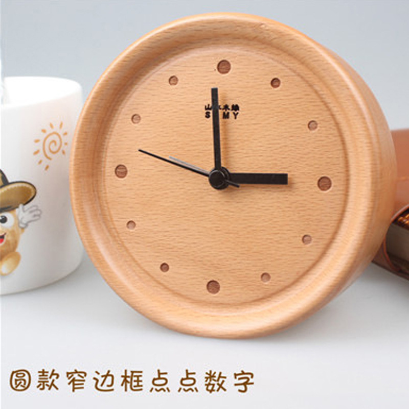 Reloj de mesa silencioso de haya, reloj de madera maciza, decoración, sala de estar, registro minimalista moderno, escritorio transfronterizo, cuadrado redondo