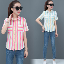 衬衫女2025春季新款条纹短袖宽松休闲显瘦潮流百搭女士衬衣打底衫