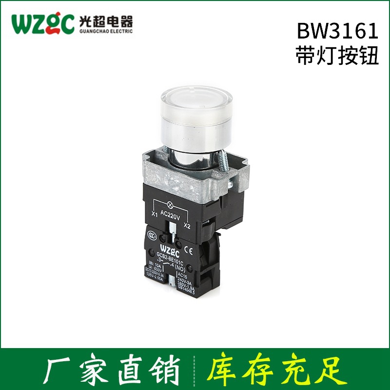 厂家供应BW3161带灯按钮开关锌合金加厚铜件银点带灯防水防尘点动