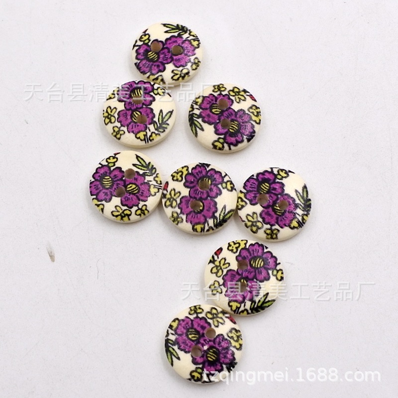 Botón de 15mm botón de madera Botón de impresión en color Botón de flor púrpura único 100 un paquete