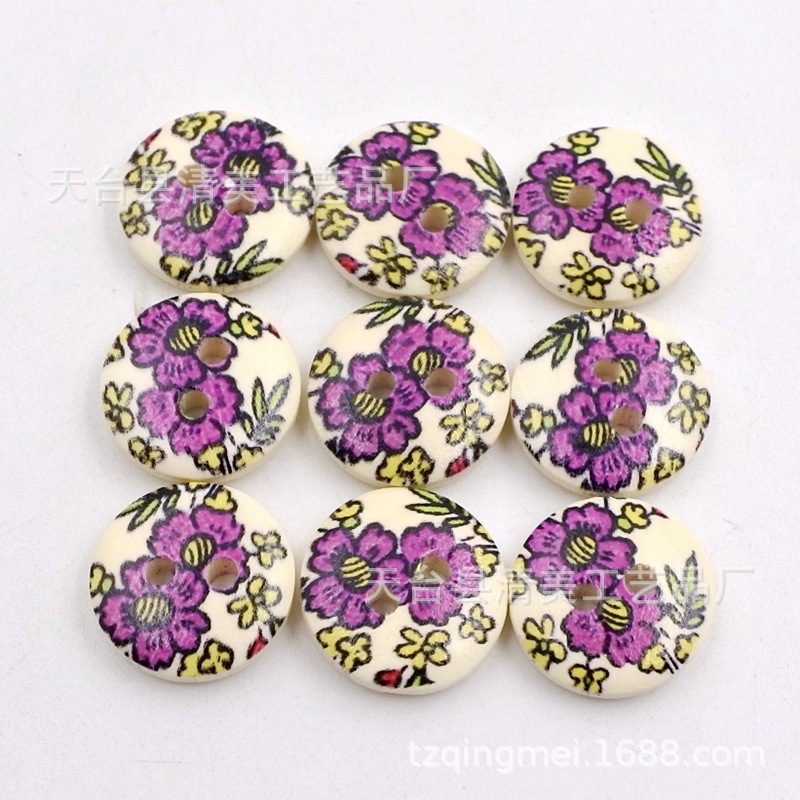 Botón de 15mm botón de madera Botón de impresión en color Botón de flor púrpura único 100 un paquete